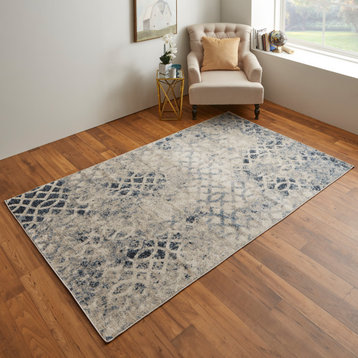 Wyllah Contrasting Distressed Area Rug, Ivory/Blue, 6'7"x9'6"