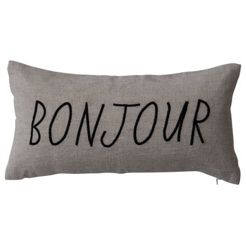 Linen Blend Lumbar Pillow With Embroidered "Bonjour", Natural and Black