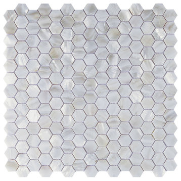 Backsplash Tiles Hexagon Pure White Sheet, Natural Shell, Natural Shell, Single