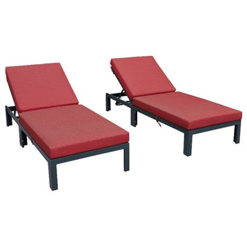 LeisureMod Chelsea Outdoor Chaise Lounge Chair With Red Cushions Set of 2