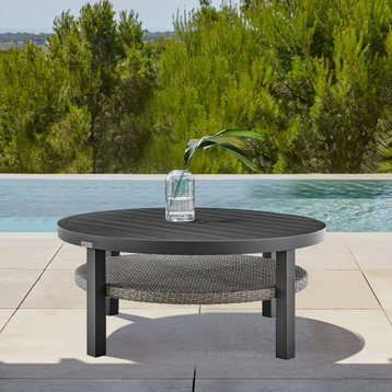Aileen Outdoor Patio Round Coffee Table, Black Aluminum With Gray Wicker