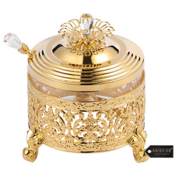 24K Gold Plated Sugar Glass Bowl With Cover and Crystal Studded Spoon
