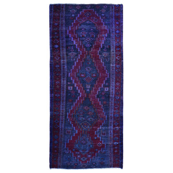 Gallery Size Overdyed Persian Hamadan Worn Wool Hand Knotted Rug, 4'1" x 10'0"