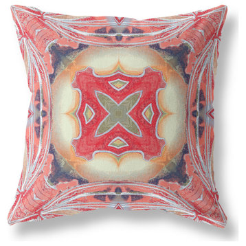 26" Peach Red Geo Tribal Indoor Outdoor Throw Pillow