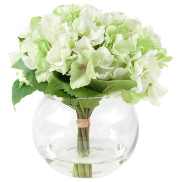 Pure Garden Hydrangea Floral Arrangement With Glass Vase, Green