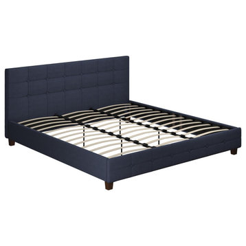 Contemporary Platform Bed, Square Button Tufted Headboard, Blue Linen, King