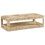 Meridian Furniture - Reeves Table, Black, Coffee Table, Beige, Coffee Table - Bring home the Reeves Burl Coffee Table to give your room a fresh new look. This art deco coffee table features a sleek design with rounded corners and a bottom shelf ideal for storing items you use most handily nearby. Oak veneer and solid wood with MDF construction give the table a sturdy demeanor, so it holds up to use by your busy family. A chic burl finish and natural wood grain variation ensure that this coffee table blends nicely with existing decor in your modern home.