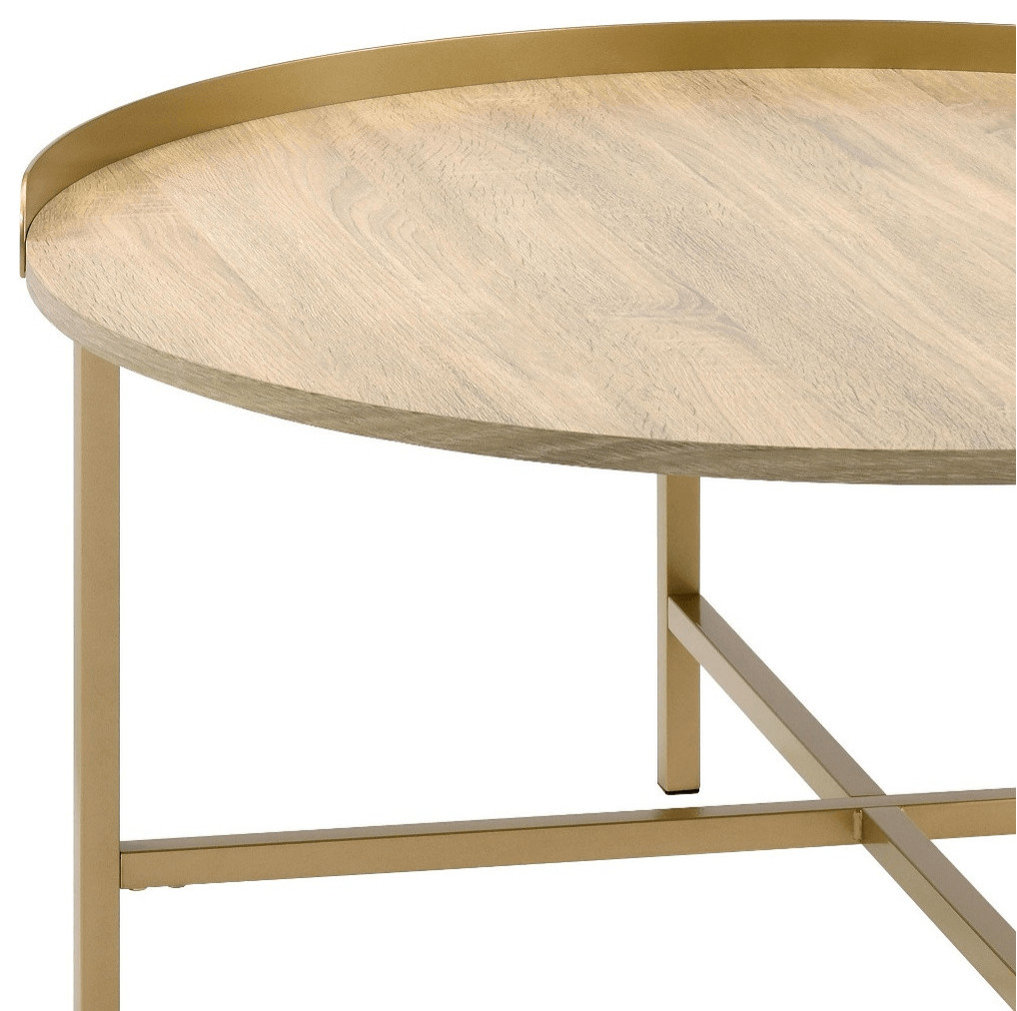 34" Gold And Oak Manufactured Wood And Metal Round Coffee Table ...