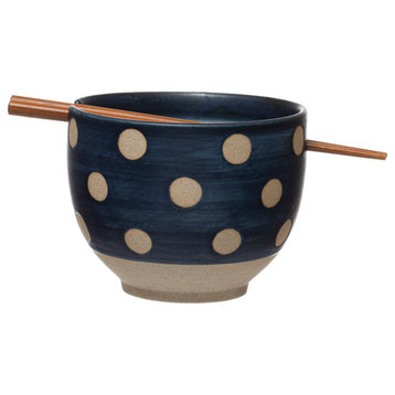 Set of Stoneware Ceramic Bowls with Chopsticks