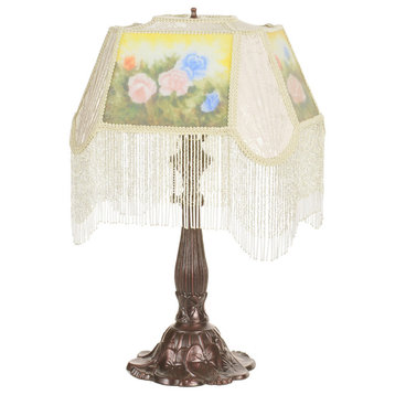 24 High Reverse Painted Roses Fabric with Fringe Accent Lamp