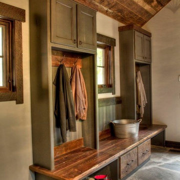 Weathered Antique Ceiling Paneling in a Traditional Mudroom