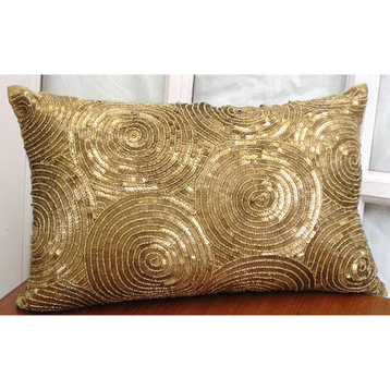 Spiral Sequins 12"x18" Art Silk Gold Lumbar Pillow Cover, All Eyes On Gold