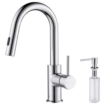Luxe Single Handle Pull Down Kitchen & Bar Faucet, Chrome W/ Soap Dispenser