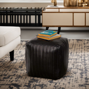 Solid Handmade Leather Pouf (Recycled Foam with Fibre Fill), Black, 14x14x14