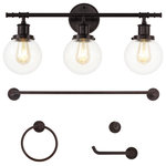 JONATHAN Y Lighting - JONATHAN Y Lighting JYL1504 Hugo 3 Light 25"W LED Vanity Light - Oil Rubbed - This French-inspired vanity light set gives any bathroom instant vintage style. The 3-light vanity fixture has an industrial vibe, with clear glass globes and Edison-style bulbs. Warm LEDs provide soft, diffused light, and they work with an LED-compatible dimmer. Features: Constructed from metal Includes clear glass shades Includes (3) medium (E26) 4 watt LED bulbs Capable of being dimmed Recommended for use with Vintage Edison style bulbs UL listed for damp locations Title 20 and Title 24 compliant Covered by JONATHAN Y Lighting&#39;s 30 day manufacturer warranty Dimensions: Height: 11-3/4" Width: 24-1/2" Extension: 6-3/4" Product Weight: 4.52 lbs Backplate Height: 5" Backplate Width: 5" Backplate Depth: 1" Electrical Specifications: Max Wattage: 12 watts Number of Bulbs: 3 Watts Per Bulb: 4 watts Lumens: 350 Bulb Base: Medium (E26) Bulb Shape: ST58 Bulb Type: LED Color Temperature: 2700K Color Rendering Index: 80 CRI Average Hours: 50000 Voltage: 120 volts Bulbs Included: Yes
