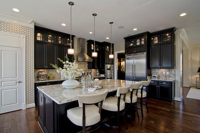 Example of a large minimalist u-shaped dark wood floor, brown floor and vaulted ceiling kitchen pantry design in Austin with shaker cabinets, black cabinets, granite countertops, granite backsplash, stainless steel appliances and an island