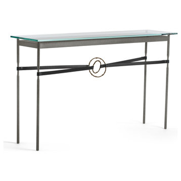 Equus Console Table, Natural Iron Finish - Bronze Accents - Black Leather Strap