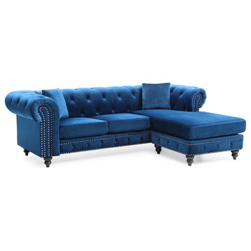 Nola 98 in. Velvet L-Shape 3-Seater Sofa With 2-Throw Pillow, Navy Blue