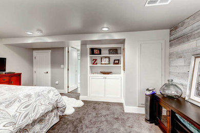 Inspiration for a small transitional underground carpeted and gray floor basement remodel in Denver with blue walls