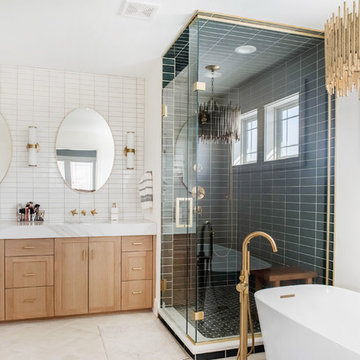 White Tile Bathroom with Dramatic Grey Tile Shower