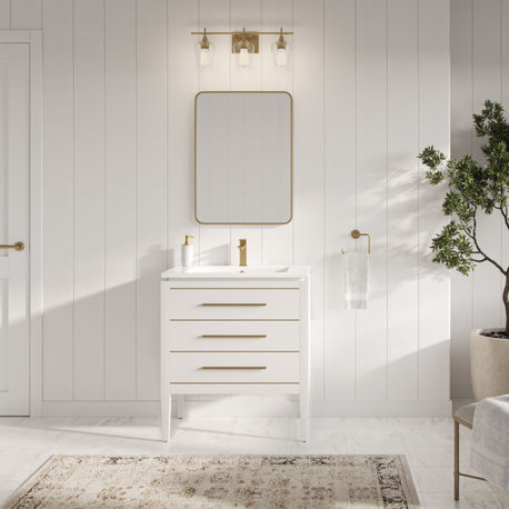 Celios Bathroom Vanity, White With Brass Trim, 30", Single Sink, Freestanding