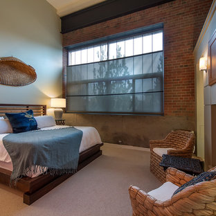 Ispirazione per una camera da letto etnica con pareti grigie, moquette e camino classico