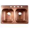Santi 33" Drop-in Copper Double Bowl Kitchen Sink, 4-Hole Right Side