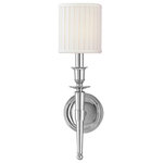 Hudson Valley - Hudson Valley Abington One Light Wall Sconce 4901-PN - One Light Wall Sconce from Abington collection in Polished Nickel finish. Number of Bulbs 1. Max Wattage 60.00. No bulbs included. Before gas and electric, moving about the house after sunset meant transporting a lit candle from room to room. A torch`s long handle offered a safe and cool grip and the tapered shape could be easily set down in a mounted ring holder. Abington transcribes these historic design elements into a contemporary luminaire with Old World overtones. Pleated cylindrical shades add a rich finishing touch. No UL Availability at this time.