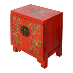 Chinese Oriental Distressed Orange Red Flower End Table Nightstand - Nightstands And Bedside Tables