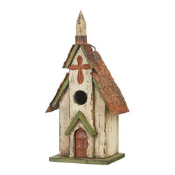Glitzhome - Rustic Garden Distressed Wooden Church Birdhouse, Cross - Birdhouses
