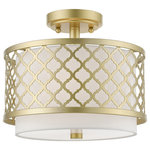 Livex Lighting - Arabesque 2 Light Soft Gold Small Semi-Flush - Our Arabesque two light semi flush mount will add refined style and a hint of mystery to your decor. The off-white fabric hardback shade creates a warm illumination, while the light brings to life the intricate soft gold cutout pattern.