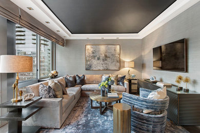Mid-sized transitional formal living room photo in New York with gray walls, no fireplace and a wall-mounted tv