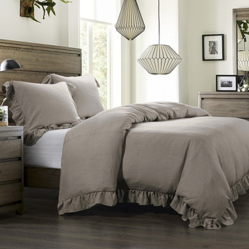 Lily Washed Linen Duvet Set, 3 Piece, Taupe, Queen