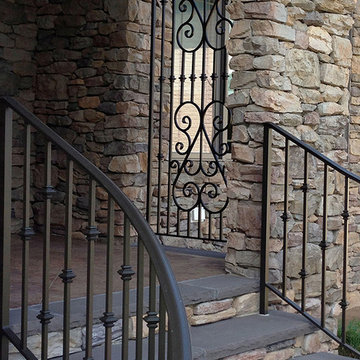Curved aluminum step rails with cast collars and scroll panel