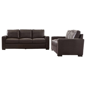 Coaster 2-Piece Track Arms Upholstered Leather Sofa Set in Brown