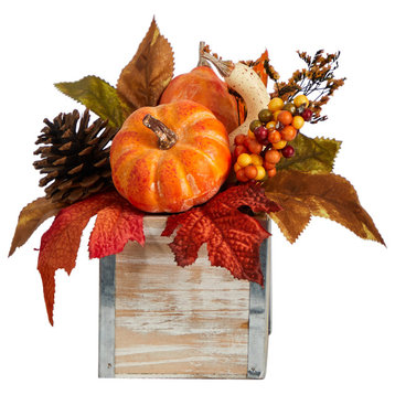 8" Fall Pumpkin, Gourd, Berries & Pinecones Faux Arrangement Natural Washed Vase