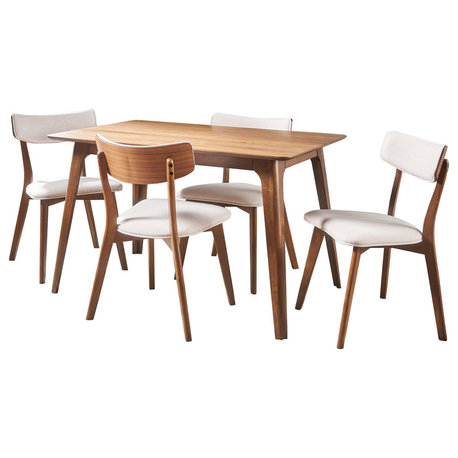 GDF Studio 5-Piece Meanda Mid Century Wood Dining Set, Light Beige