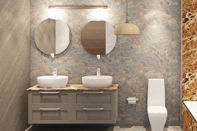 Inspiration for a small victorian 3/4 gray tile and marble tile marble floor, gray floor, double-sink and wall paneling corner bathtub remodel in Dusseldorf with gray walls, marble countertops, brown countertops and a floating vanity