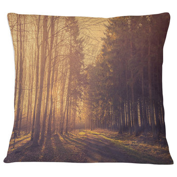 Pine Tree Forest by Road Landscape Photo Throw Pillow, 16"x16"