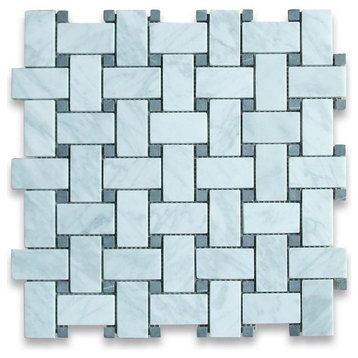 White Basketweave Marble Mosaic, 12X12 With Black Dots, Honed, From Italy