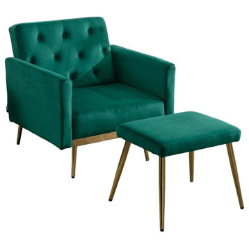 Accent Chair With Ottoman, Gold Legs & Tufted Recliner Back, Green Velvet