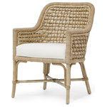 Palecek - Capitola Arm Chair - Natural seagrass is tied with lampakanai rope.  Natural colors may vary.  Rattan frame and legs.  Chair comes with indoor outdoor fabric in color ivory.  Arm front is 25.25" high and seat is 19" high.