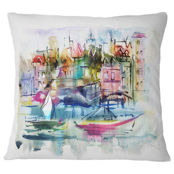 Houses And Boats Landscape Printed Throw Pillow, 18"x18"
