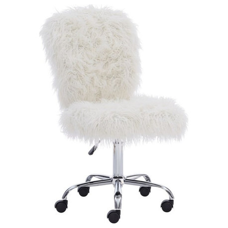 Linon Cami Faux Fur Upholstered Armless Office Task Chair in White