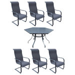 Courtyard Casual - Santa Fe 7 Piece Spring Chair 60" Hexagon Dining Set - Santa Fe is a collection you can relax in for several years. Exceptionally strong and made of low maintenance aluminum and high-grade breathable plc. sling or synthetic woven material. Great for pools, patios or any outdoor space requiring carefree attention. Seating pieces are all stackable and made with a durable powder coated finish in dark gray. Fully assembled and 1 Year Limited Manufacturer Warranty