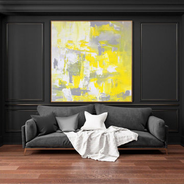 48x48 IN yellow white abstract Art oversized Modern Painting - Sunset Glow