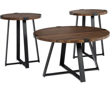Pemberly Row 3-Piece Metal Wrap Coffee and End Table Set in Dark Walnut
