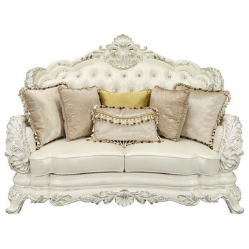 Acme Adara Loveseat With 5 Pillows White PU and Antique White Finish