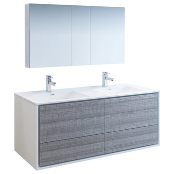 Fresca Catania 60" Wall Hung Double Sinks Bathroom Vanity in Glossy Ash Gray