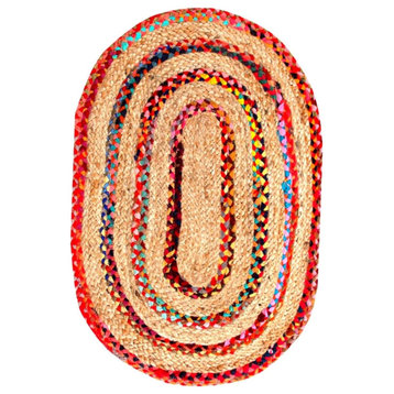 Reversible Oval Area Rug, Natural Jute & Red Multi Boundaries Accents, 4' X 9'